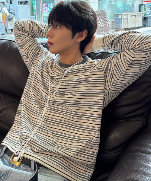 MINDBRIDGE(マインドブリッジ)の「コットン100%ストライプサロペット長袖Tシャツ(Tシャツ/カットソー・メンズ・オートミール・100/105/110/95)」の2枚目の写真