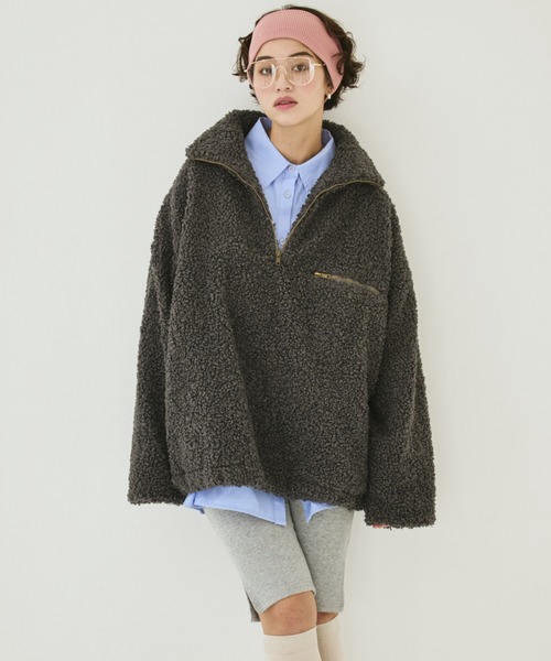 MIRROR STOKE(ミラーストーク)の「【ZOZO限定】BOA ZIPUP BLOUSON/ボアジップアップブルゾン(ブルゾン・レディース・チャコールグレー/アイボリー・MEDIUM)」の7枚目の写真