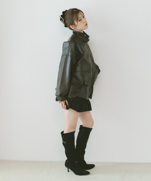 VANNIE U（ヴァニーユー）の「スタンドネックペプラムフェイクレザージャケット（その他アウター・レディース・ブラウン/ブラック・FREE）」の5枚目の写真