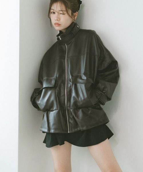 VANNIE U（ヴァニーユー）の「スタンドネックペプラムフェイクレザージャケット（その他アウター・レディース・ブラウン/ブラック・FREE）」の8枚目の写真