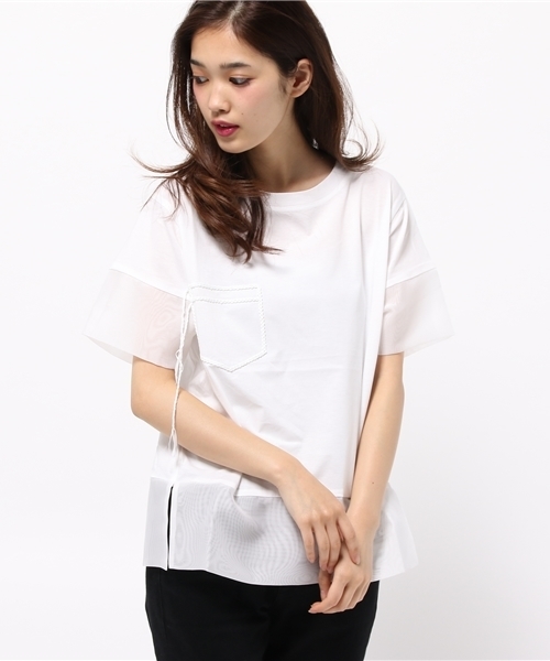 WRAPINKNOT（ラッピンノット）の「オーガンジー ハイブリッド Tシャツ（Tシャツ/カットソー・レディース・ネイビー/ホワイト・0）」の2枚目の写真