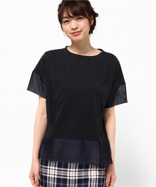 WRAPINKNOT（ラッピンノット）の「オーガンジー ハイブリッド Tシャツ（Tシャツ/カットソー・レディース・ネイビー/ホワイト・0）」の3枚目の写真