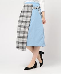 KOBE LETTUCE | リングベルト付きラップ風チェック切り替えスカート＊ボトムス/ラップスカート/アシンメトリー/ミディ丈/秋冬/冬[M2303]神戸レタス(スカート)