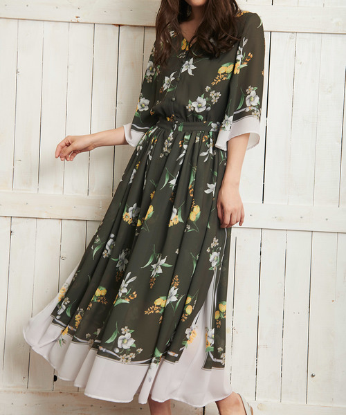 美品　ノエラ　フラワースカーフ柄ワンピース　華やか　上品　花柄　総柄　羽織　M Noela - 美品 ノエラ フラワースカーフ柄ワンピース 華やか 上品