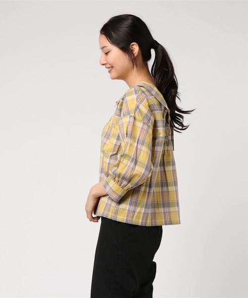 ehka sopo（エヘカソポ）の「チェック柄ビッグシャツ（シャツ/ブラウス・レディース・ベージュ/ネイビー/イエロー・ﾌﾘ-）」の4枚目の写真
