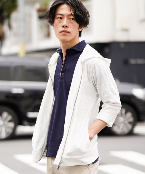 MK MICHEL KLEIN HOMME (エムケーミッシェルクランオム)の「パーカー/ ボタニカルパイルボーダー(パーカー・メンズ・ホワイト/ネイビー/オレンジ・46/48/51/40)」の2枚目の写真