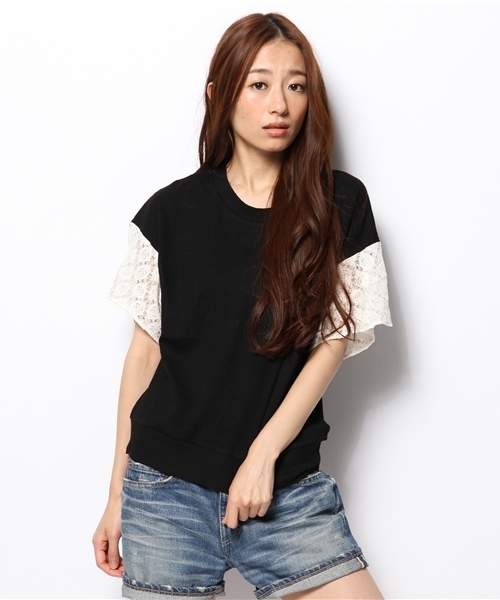 mystic(ミスティック)の「袖レースフレアリブプルオーバー(Tシャツ/カットソー・レディース・ブラック/グレー/オフホワイト/ベージュ・フリ-)」の5枚目の写真
