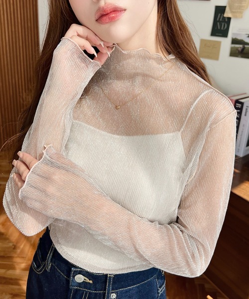 moment+(モーメントプラス)の「【累計販売枚数4万枚突破!】シアーラメプリーツタートルメロープルオーバー(Tシャツ/カットソー・レディース・ブラック/パープル/ブラウン/オフホワイト/ブルー/グリーン/グレイッシュベージュ/ライトグリーン/カーキ/ターコイズブルー/ピンク/オレンジ/イエロー×グリーン/チャコールグレー・M/L)」の20枚目の写真