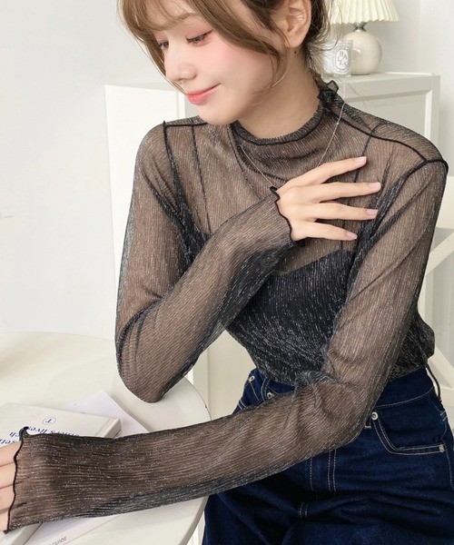 moment+(モーメントプラス)の「【累計販売枚数4万枚突破!】シアーラメプリーツタートルメロープルオーバー(Tシャツ/カットソー・レディース・ブラック/パープル/ブラウン/オフホワイト/ブルー/グリーン/グレイッシュベージュ/ライトグリーン/カーキ/ターコイズブルー/ピンク/オレンジ/イエロー×グリーン/チャコールグレー・M/L)」の17枚目の写真