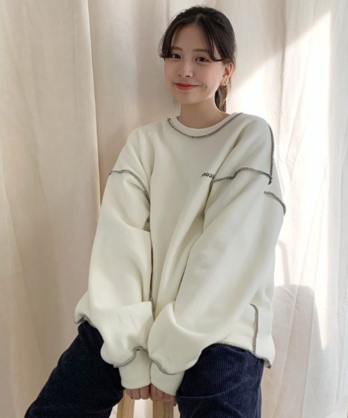 muahmuah(ムーアムーア)の「『muah muah/ムーアムーア』SIGNATURE LOGO LINE NAPPING MTM/韓国ブランド シグネチャー ブランドロゴ ライン 起毛 スウェット トレーナー(スウェット・レディース・ブラック/パープル/グレー/インディゴブルー/アイボリー・FREE)」の10枚目の写真