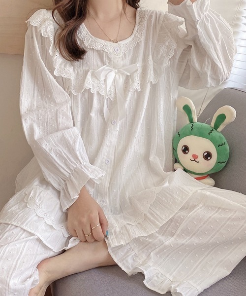 フリル付きホワイトルームウェアセット Mサイズ ウエストりぼん付きパール釦ハートネックトップス×ワイドパンツ