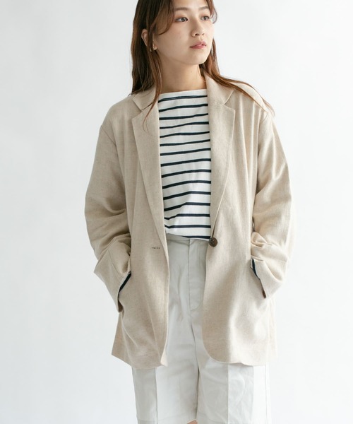 KBF（ケイビーエフ）の「リネンMIXデザインベルトジャケット（テーラードジャケット・レディース・アイボリー/ベージュ/ブラック・ONE）」の3枚目の写真