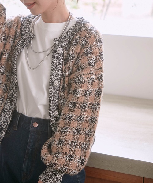 VIS（ビス）の「きらっとラメ入りツイードライクニットカーディガン（カーディガン/ボレロ・レディース・キャメル/ライトグリーン・FREE）」の2枚目の写真