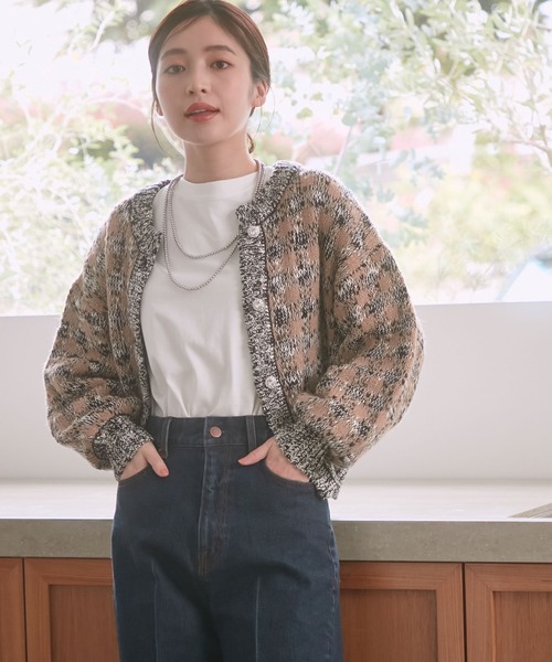 VIS（ビス）の「きらっとラメ入りツイードライクニットカーディガン（カーディガン/ボレロ・レディース・キャメル/ライトグリーン・FREE）」の3枚目の写真