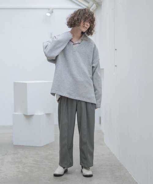 CASPER JOHN（キャスパージョン）の「Center Pleats Fake Leather Wide Slacks/センタープリーツフェイクレザーワイドスラックス（スラックス・メンズ・ブラック/グレー・SMALL/MEDIUM/LARGE）」の11枚目の写真