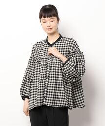 Samansa Mos2 | スタンドネック配色ギャザーブラウス(シャツ/ブラウス)