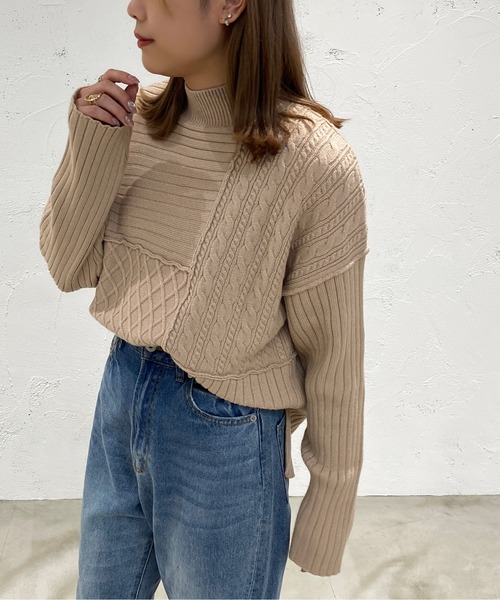 apres jour mignon(アプレジュールミニョン)の「パッチワークニット【ZOZOTOWN限定アイテム】(ニット/セーター・レディース・カーキ/アイボリー/ライトベージュ・X-LARGE/フリー)」の1枚目の写真