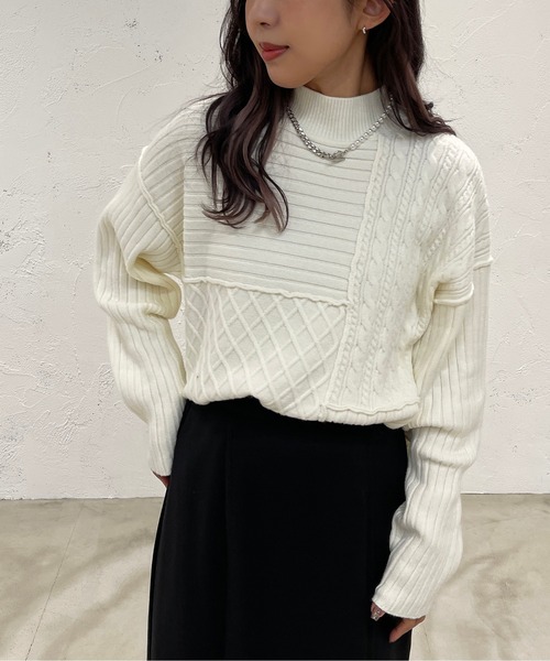 apres jour mignon(アプレジュールミニョン)の「パッチワークニット【ZOZOTOWN限定アイテム】(ニット/セーター・レディース・カーキ/アイボリー/ライトベージュ・X-LARGE/フリー)」の2枚目の写真