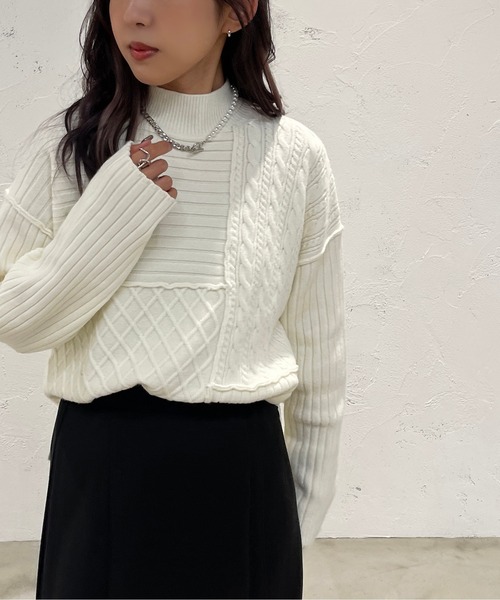 apres jour mignon(アプレジュールミニョン)の「パッチワークニット【ZOZOTOWN限定アイテム】(ニット/セーター・レディース・カーキ/アイボリー/ライトベージュ・X-LARGE/フリー)」の4枚目の写真