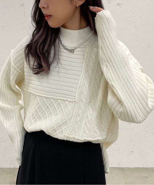 apres jour mignon(アプレジュールミニョン)の「パッチワークニット【ZOZOTOWN限定アイテム】(ニット/セーター・レディース・カーキ/アイボリー/ライトベージュ・X-LARGE/フリー)」の6枚目の写真