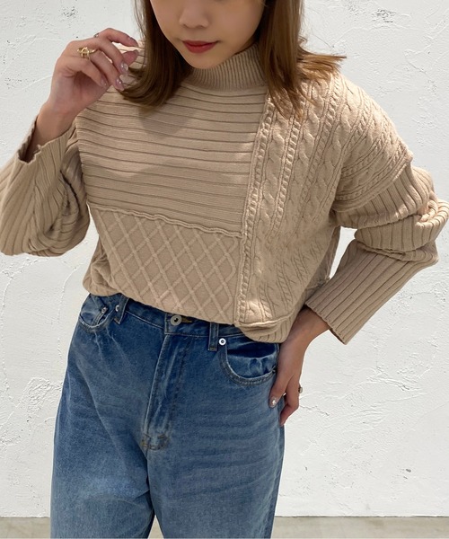 apres jour mignon(アプレジュールミニョン)の「パッチワークニット【ZOZOTOWN限定アイテム】(ニット/セーター・レディース・カーキ/アイボリー/ライトベージュ・X-LARGE/フリー)」の12枚目の写真