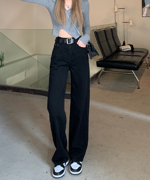 by muni:r（バイ ムニール）の「ハイウエストワイドロングパンツ（デニムパンツ・レディース・ブラック・SMALL/MEDIUM）」の7枚目の写真