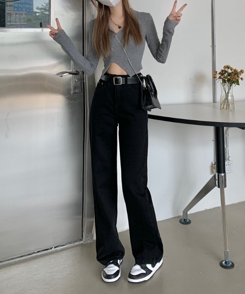 by muni:r（バイ ムニール）の「ハイウエストワイドロングパンツ（デニムパンツ・レディース・ブラック・SMALL/MEDIUM）」の12枚目の写真