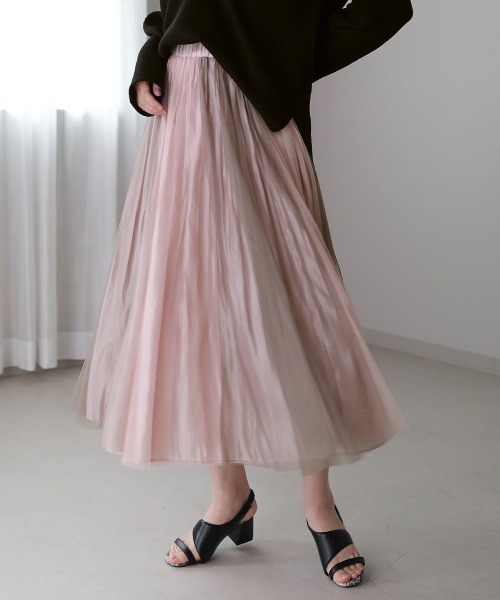 Bou Jeloud（ブージュルード）の「リバーシブル配色チュールシャイニースカート（スカート・レディース・ベージュ/カーキ/ブルー/ミント/ラベンダー/キャメル・FREE）」の5枚目の写真