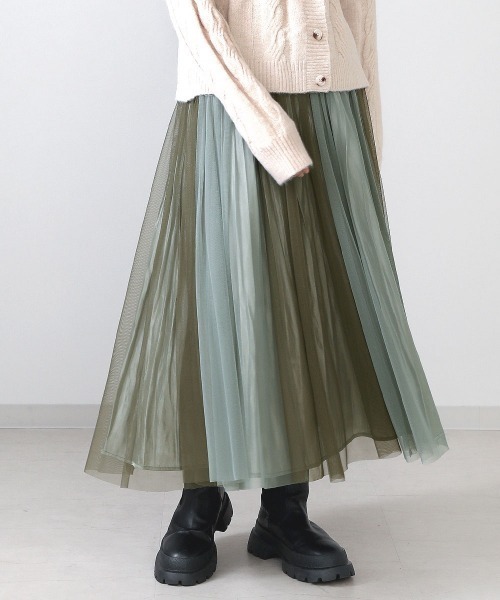 Bou Jeloud（ブージュルード）の「リバーシブル配色チュールシャイニースカート（スカート・レディース・ベージュ/カーキ/ブルー/ミント/ラベンダー/キャメル・FREE）」の3枚目の写真