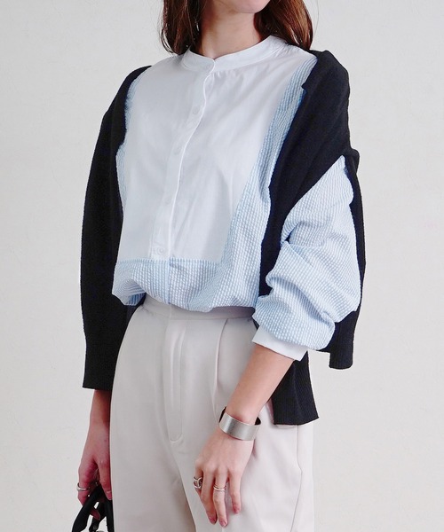 Fizz(フィズ)の「【Fizz/フィズ】 ストライプ配色バンドカラーシャツ(シャツ/ブラウス・レディース・ブルー/ベージュ/ネイビー・M)」の1枚目の写真