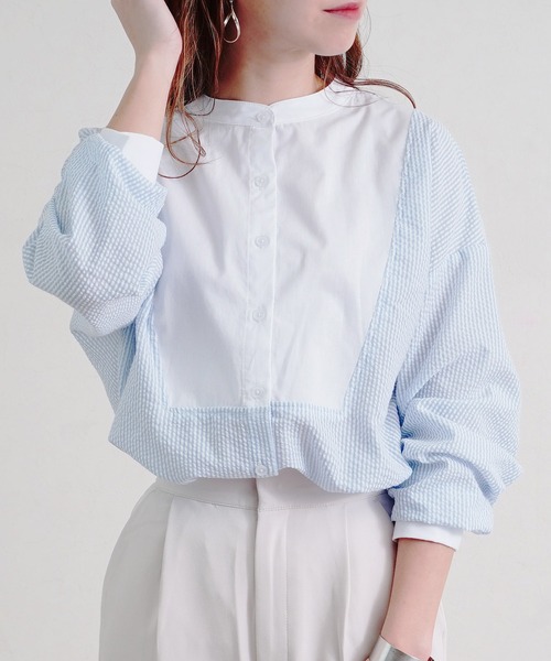 Fizz(フィズ)の「【Fizz/フィズ】 ストライプ配色バンドカラーシャツ(シャツ/ブラウス・レディース・ブルー/ベージュ/ネイビー・M)」の14枚目の写真