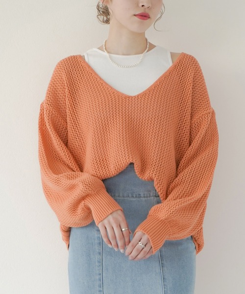 Lull（ルル）の「【Lull / ルル】Vネック透かし編みメッシュニット（ニット/セーター・レディース・ホワイト/グリーン/オレンジ/ブラック・ONESIZE）」の13枚目の写真
