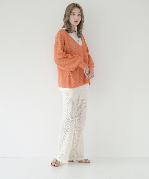 Lull（ルル）の「【Lull / ルル】Vネック透かし編みメッシュニット（ニット/セーター・レディース・ホワイト/グリーン/オレンジ/ブラック・ONESIZE）」の15枚目の写真