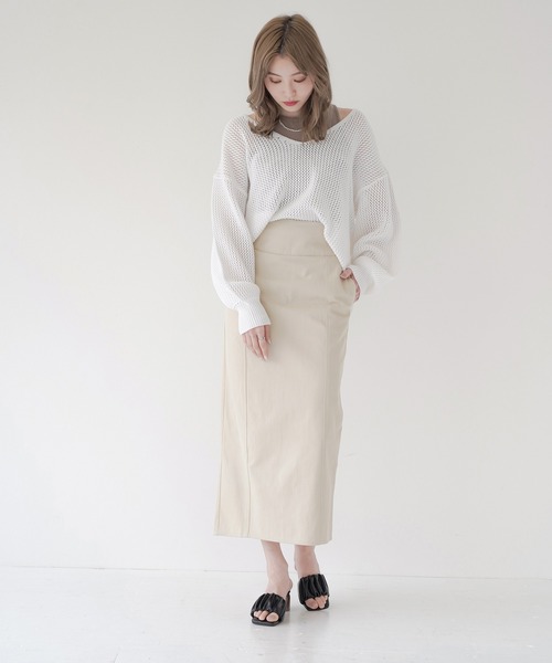 Lull（ルル）の「【Lull / ルル】Vネック透かし編みメッシュニット（ニット/セーター・レディース・ホワイト/グリーン/オレンジ/ブラック・ONESIZE）」の9枚目の写真