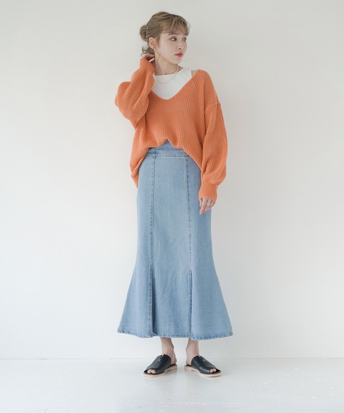 Lull（ルル）の「【Lull / ルル】Vネック透かし編みメッシュニット（ニット/セーター・レディース・ホワイト/グリーン/オレンジ/ブラック・ONESIZE）」の16枚目の写真