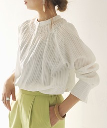 【shemoshelly】WEB限定 コットン100%ストライプシースルー刺繍シャーリングギャザーボリュームブラウス