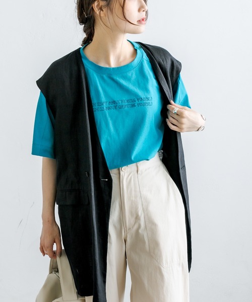 PUAL CE CIN（ピュアルセシン）の「ロゴフロッキー／刺繍Tシャツ（Tシャツ/カットソー・レディース・ベージュ/ピンク/ブルー/ナチュラル・FREE）」の6枚目の写真