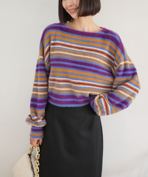 FREE'S MART（フリーズマート）の「シャギーボーダーショート丈ニット（ニット/セーター・レディース・ブルー系その他/イエロー系その他/ピンク系その他・FREE）」の2枚目の写真