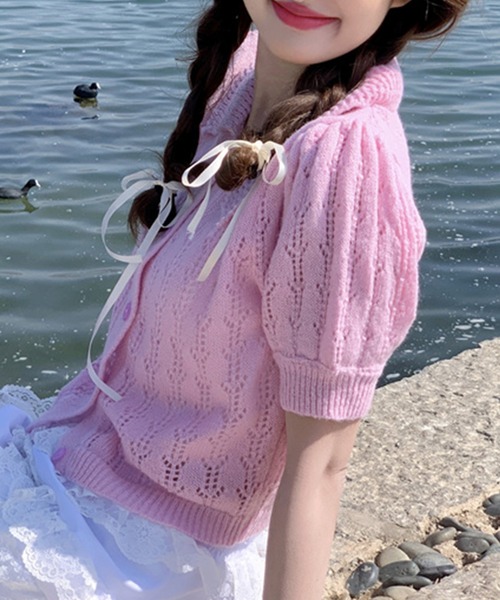 レディース 半袖シースルー襟付きサマーニットカーディガン