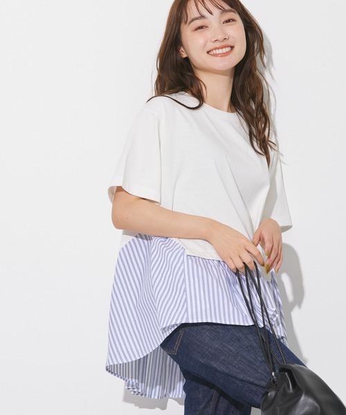 セール】異素材ドッキングストライププルオーバー（Tシャツ
