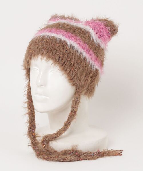 HIKA（ヒカ）の「【HIKA】モヘア風ボーダー猫耳ワッチCAP（ニットキャップ/ビーニー・レディース・ブルー/ブラウン/ブラック×ピンク/ホワイト/ピンク/ブラック・FREE）」の4枚目の写真