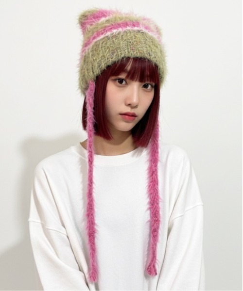 セール】【HIKA】モヘア風ボーダー猫耳ワッチCAP（ニットキャップ