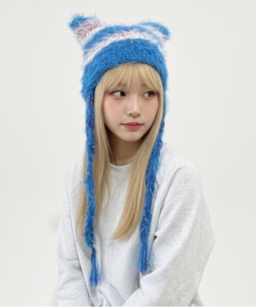 HIKA】モヘア風ボーダー猫耳ワッチCAP（ニットキャップ/ビーニー