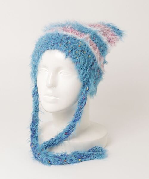 HIKA（ヒカ）の「【HIKA】モヘア風ボーダー猫耳ワッチCAP（ニットキャップ/ビーニー・レディース・ブルー/ブラウン/ブラック×ピンク/ホワイト/ピンク/ブラック・FREE）」の8枚目の写真
