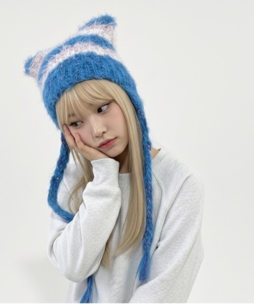 HIKA】モヘア風ボーダー猫耳ワッチCAP（ニットキャップ/ビーニー