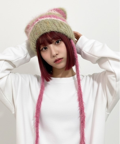 セール】【HIKA】モヘア風ボーダー猫耳ワッチCAP（ニットキャップ