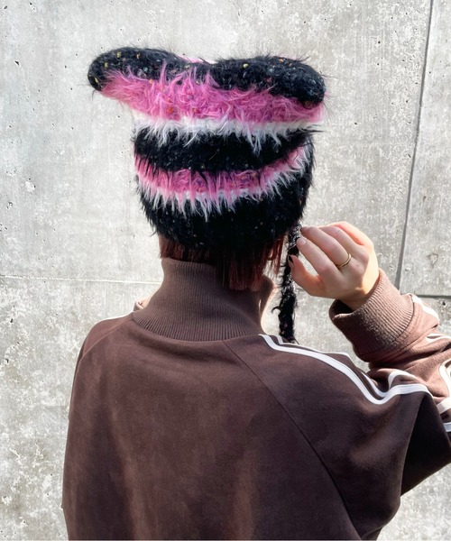 セール】【HIKA】モヘア風ボーダー猫耳ワッチCAP（ニットキャップ