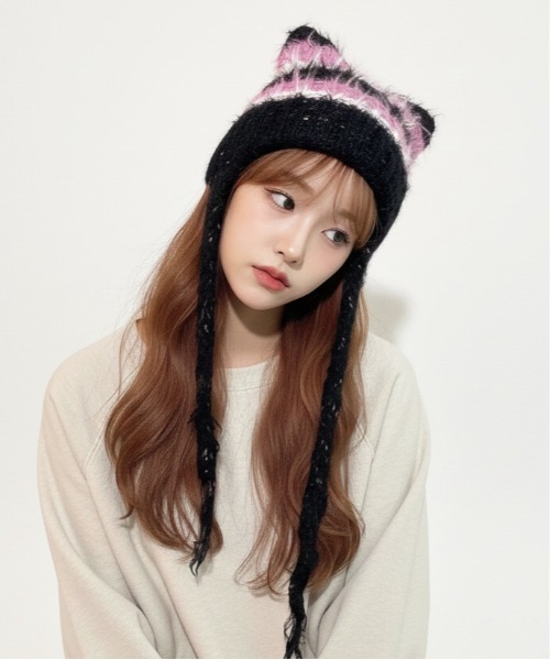 HIKA】モヘア風ボーダー猫耳ワッチCAP（ニットキャップ/ビーニー