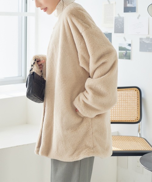 coco　バナーバレット　ベージュ ファーコート 長袖 ノーカラー セール】フェイクファーノーカラーコート（ノーカラーコート）｜KOBE