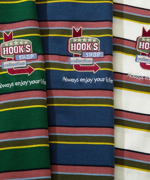 HOOK(フック)の「HOOK -original- アメカジワンポイント刺繍マルチボーダー長袖カットソー(Tシャツ/カットソー・メンズ・グリーン/ネイビー/ピンク/ホワイト・L/XL/M)」の14枚目の写真